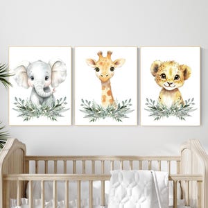 Safari Animal Nursery Wall Art Set – Elephant, Giraffe & Lion Prints with Greenery, Jungle Baby Room Decor, Gender Neutral Wall Art