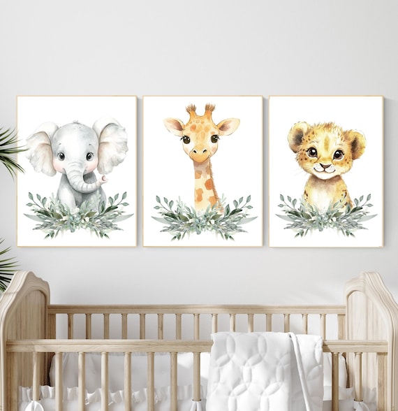 Safari Animal Nursery Wall Art Set – Elephant, Giraffe & Lion Prints with Greenery, Jungle Baby Room Decor, Gender Neutral Wall Art