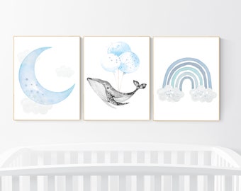 Gravuras de arte para berçário de baleias: Lua azul, arco-íris, estrelas - conjunto de 3