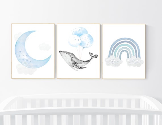 Nursery decor boy, Blue nursery decor, whale nursery, cloud and stars, blue nursery art, baby room wall art, boy nursery decor, set of 3