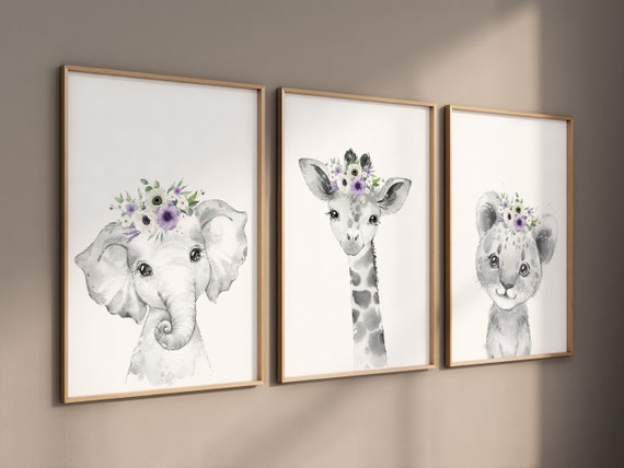 Safari Animals, girl nursery, Animals Prints, Woodland Nursery Decor, Safari Nursery Wall Art, floral animal prints, purple nursery