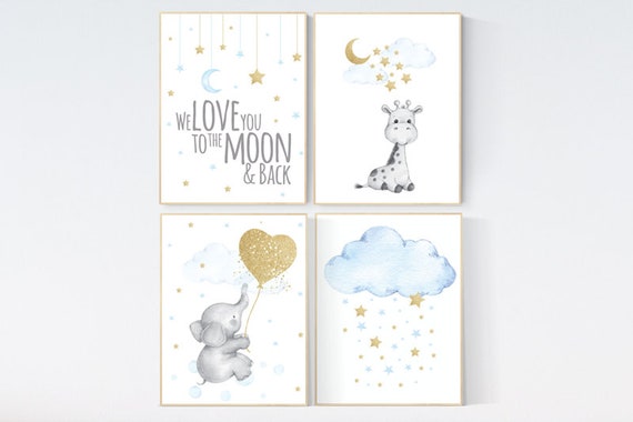 Blue and gold nursery, Nursery decor boy elephant, we love you to the moon and back, blue nursery wall art, moon and stars, giraffe nursery