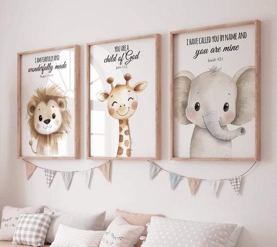 Nursery wall art animals, gray nursery, gender neutral, neutral nursery, verse nursery, bible verse, lion, elephant, giraffe, animal prints
