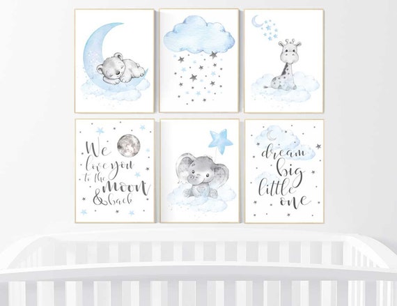 Nursery decor boy elephant, giraffe, bear, we love you to the moon and back, Blue and gray, nursery wall art boy, animal prints, dream big