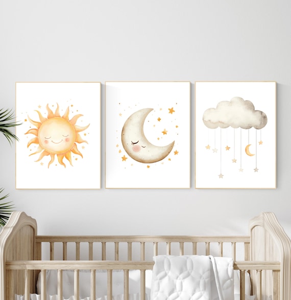 Sun Moon Cloud Nursery Wall Art – Neutral Yellow Baby Room Decor – Smiling Celestial Prints for Gender Neutral Nursery or Kids Room