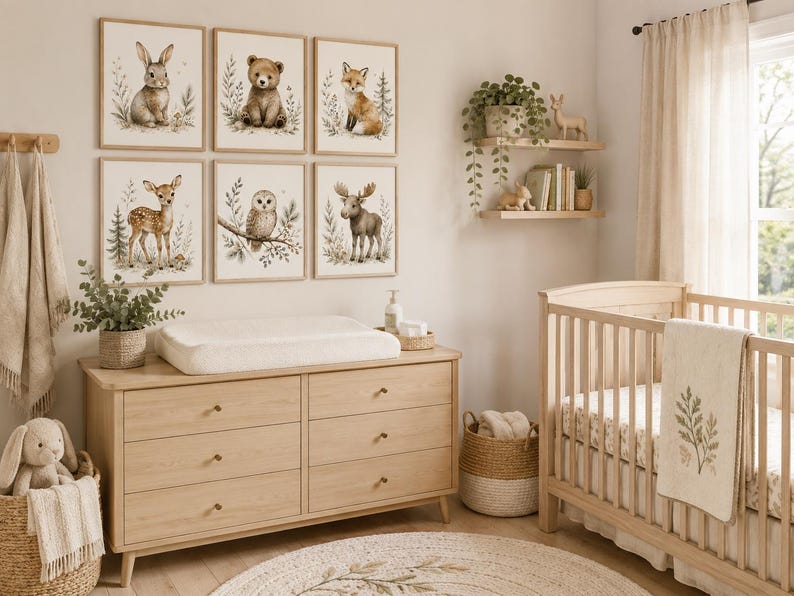 May include: A set of six framed wall art prints featuring watercolor illustrations of a rabbit, bear, fox, deer, owl, and moose, displayed in a nursery with a wooden dresser, a changing pad, a crib, and woven storage baskets.