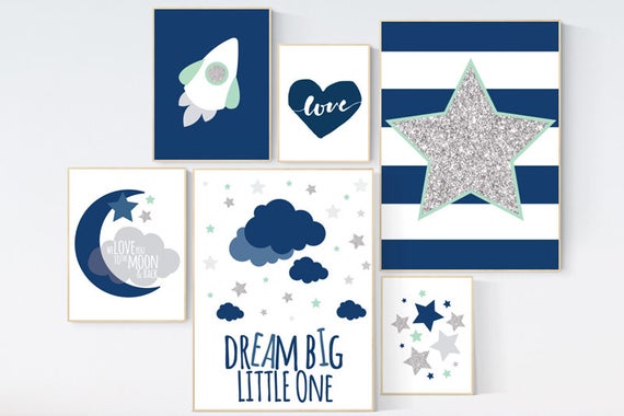 Baby boy nursery decor, navy gray mint nursery, navy silver nursery set, dream big little one we love you to the moon and back cloud nursery