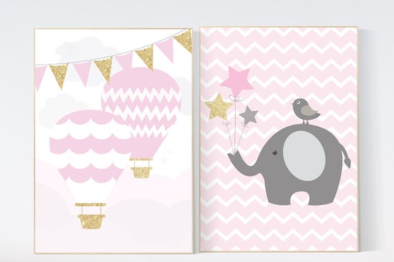 Elephant nursery decor, pink gold nursery, hot air balloon nursery, Baby girl nursery decor, girls room wall art baby girl nursery girls