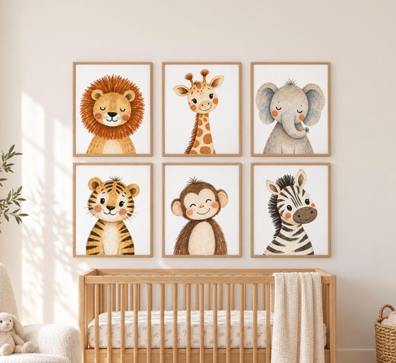Safari Animal Nursery Prints: Watercolor Jungle Animals, Set of 6