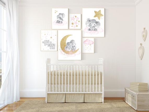 Nursery decor girl, Nursery decor elephant, baby room decor girl gold and pink, gold nursery art, to the moon and back, cloud stars nursery