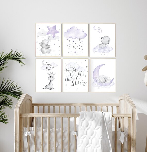 Nursery decor girl purple and grey, lavender nursery wall art, elephant, giraffe, bear, sheep, lamb, nursery prints animals, lilac nursery