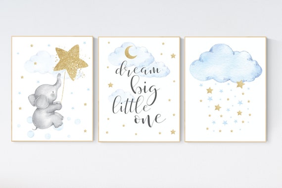 Nursery decor boy elephant, blue and gold nursery, dream big little one, blue nursery wall art, cloud and stars, baby room decor