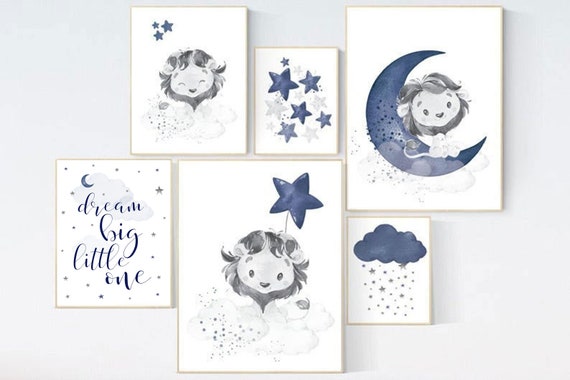 Nursery wall art lion, Nursery decor boy lion, boy nursery decor, moon and stars, navy nursery, boy nursery, dream big little one