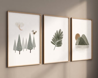 Boho Nursery Prints: Green Leaves, Gender Neutral Decor