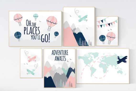 Adventure awaits nursery, Mountain art print set, coral navy mint, Adventure nursery,  coral mint girl, airplane, world map, hot air balloon