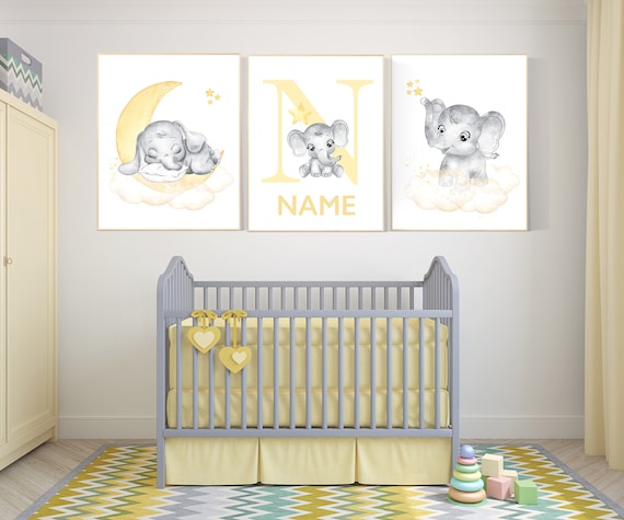 Nursery decor neutral, Yellow nursery, nursery wall art elephant, gender neutral nursery, yellow and gray nursery art, baby room art