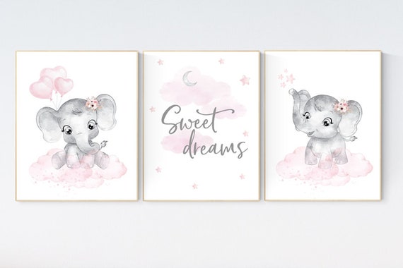 Nursery decor elephant girl, nursery wall art elephant, pink gray, nursery prints elephants, pink grey, elephant nursery wall art, set of 3