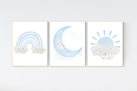 Nursery decor boy, Blue and gold, blue nursery decor, cloud and stars, rainbow nursery, moon and stars, baby blue, gold nursery art