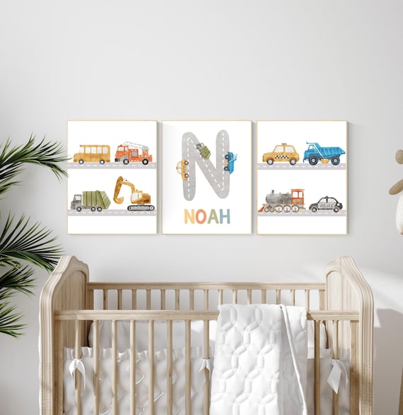 Transport Vehicle Posters, Boy Room Wall Art, Custom Name Wall Art, Boy Room Trucks Decor, Personalized Transport Nursery, playroom decor
