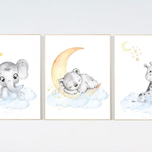 Nursery prints animals, nursery decor animals, gender neutral nursery ideas, yellow blue, elephant and giraffe, bear, twin nursery, woodland