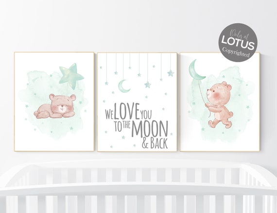 Mint nursery decor, nursery decor bear, teddy bear, gender neutral nursery, moon and clouds, mint green nursery wall art, baby room decor