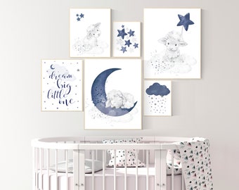 Lamm Kinderzimmer Druck Set, Schaf Kinderzimmer oben Krippe Kunst, marine Kinderzimmer, Schafe Kinderzimmer Kunst, Schaf Baby Dekor, Junge Wandkunst, Baby Blau, Junge Lamm