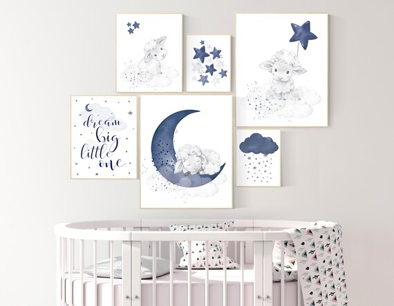 Lamb nursery print set, sheep nursery above crib art, navy nursery, sheep nursery art, sheep baby decor, Boy Wall Art, Baby Blue, Boy Lamb