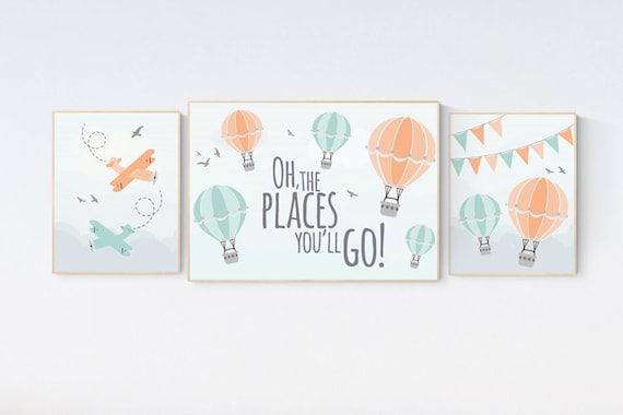 Hot air balloon nursery, oh the places you'll go nursery prints, gender neutral nursery decor, nursery wall art boy airplane, nursery set