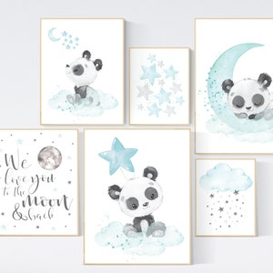 Panda nursery, teal nursery decor, gender neutral prints, teal nursery wall art, panda prints, animal nursery wall art, neutral nursery