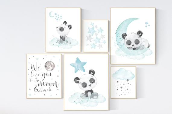 Panda nursery, teal nursery decor, gender neutral prints, teal nursery wall art, panda prints, animal nursery wall art, neutral nursery