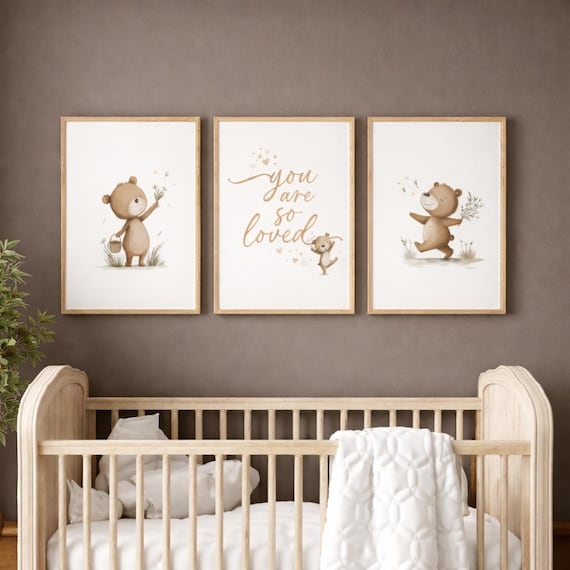 Neutral Bear Nursery Wall Art Set, You Are So Loved Print, Teddy Bear