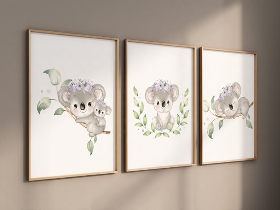 Koala nursery decor, purple nursery decor, koala bear prints, girl nursery wall art, animal prints, nursery decor girl, purple flower