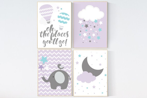 Nursery wall art girl, lilac teal nursery, girl nursery room, elephant nursery, moon and stars, hot air balloon