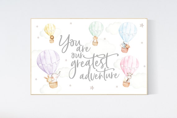 Nursery decor gender neutral, balloon nursery, you are our greatest adventure, Hot air balloon nursery, safari animals, twin nursery