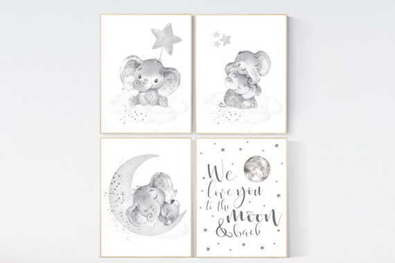 Nursery decor elephant, gray nursery decor, we love you to the moon and back, moon and stars, grey nursery art, elephant, gender neutral