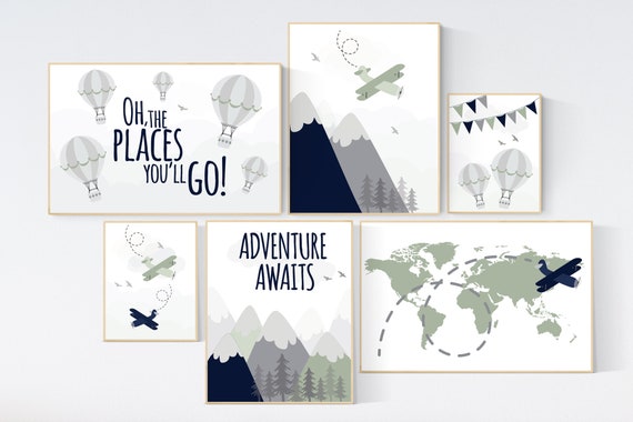 Adventure nursery decor, nursery decor boy adventure, nursery decor boy airplane, world map nursery, adventure awaits, oh the places