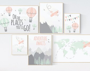 Nursery decor, adventure nursery, mountain nursery art, adventure awaits. mountain, hot air balloon, world map, Pink Mint Grey, coral mint