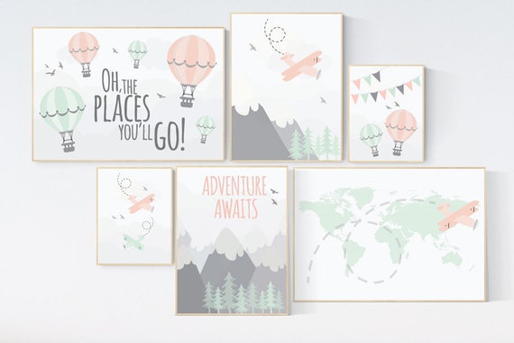 Nursery decor, adventure nursery, mountain nursery art, adventure awaits. mountain, hot air balloon, world map, Pink Mint Grey, coral mint