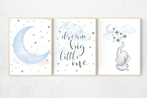 Elephant nursery, dream big little one, Blue and gray, Nursery decor boy, nursery decor, boys room decor, , clouds and stars, blue grey