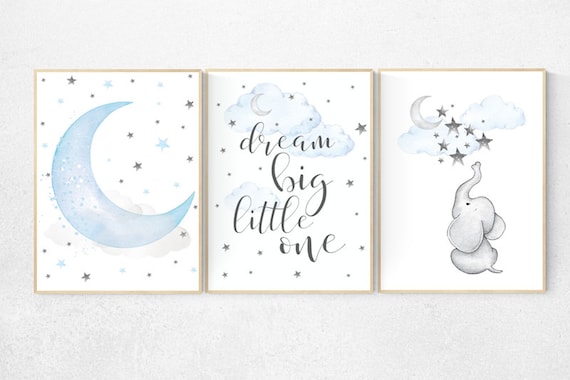 Elephant nursery, dream big little one, Blue and gray, Nursery decor boy, nursery decor, boys room decor, , clouds and stars, blue grey