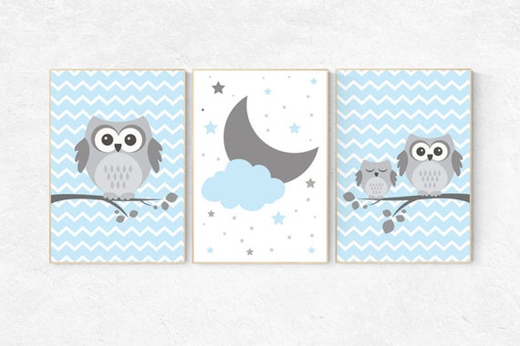 Twinkle Twinkle Little Star, owl nursery art, Baby boy nursery decor, Blue gray nursery, boys room wall art, baby room prints, set of 3, owl