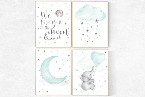 Nursery decor elephant, Mint nursery, gender neutral nursery, we love you to the moon and back, mint green nursery wall art, cloud and star