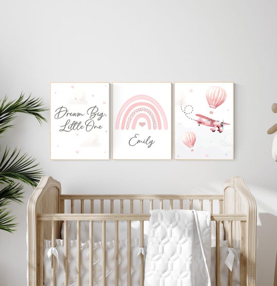 Blush Pink Nursery Wall Art Set, Dream Big Quote, Rainbow print, Hot Air Balloon & Airplane Prints, Baby Girl Room Decor