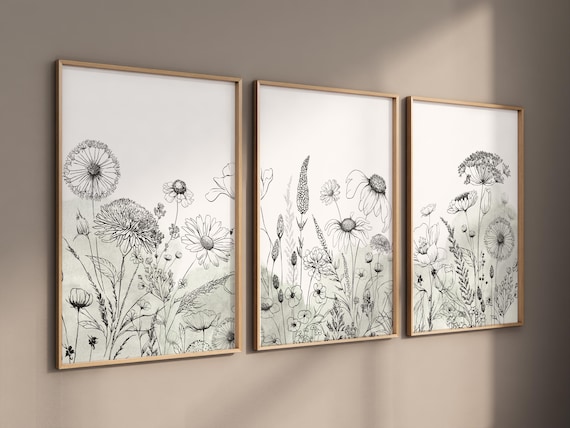 Botanical line art, floral wall decor, sage green prints, wildflower art, Boho Botanical Prints, Wildflower Nursery Decor, floral nursery