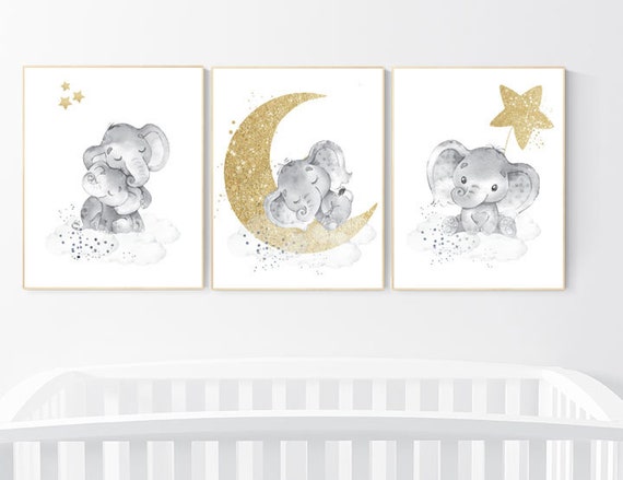 Navy nursery decor, elephant nursery, gold nursery art, baby room wall art, boy nursery decor, nursery wall art animals, neutral nursery art