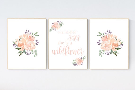 In a field of roses she is a wildflower, nursery decor girl flowers, nursery decor girl floral, blush, lavender, coral, peach, purple
