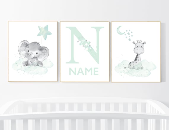 Mint nursery decor, elephant nursery, name print, giraffe nursery, mint green nursery, moon and stars nursery, gender neutral nursery