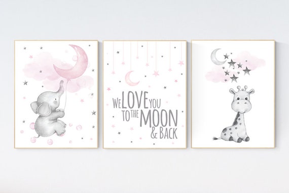 Baby room decor elephant, Nursery decor girl pink and gray, nursery decor girl pink, nursery wall art girl, we love you to the moon and back