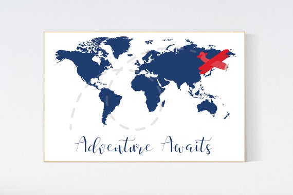 Canvas Listing: Nursery wall art map, navy red, world map print, nursery decor boy mountains adventure, navy blue