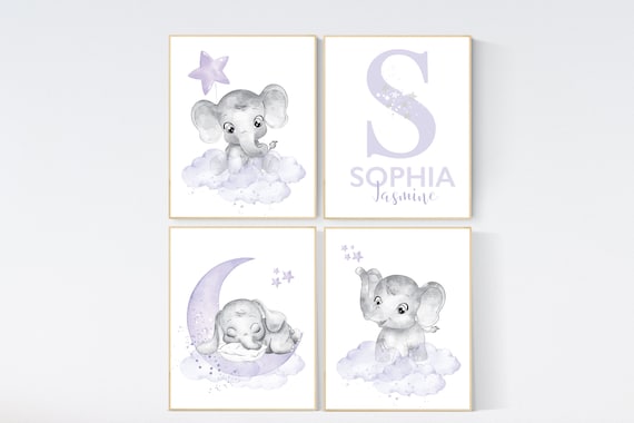 Nursery decor girl purple, nursery wall art elephant, baby room wall decor, girl nursery prints, moon, nursery decor girl name, wall decor